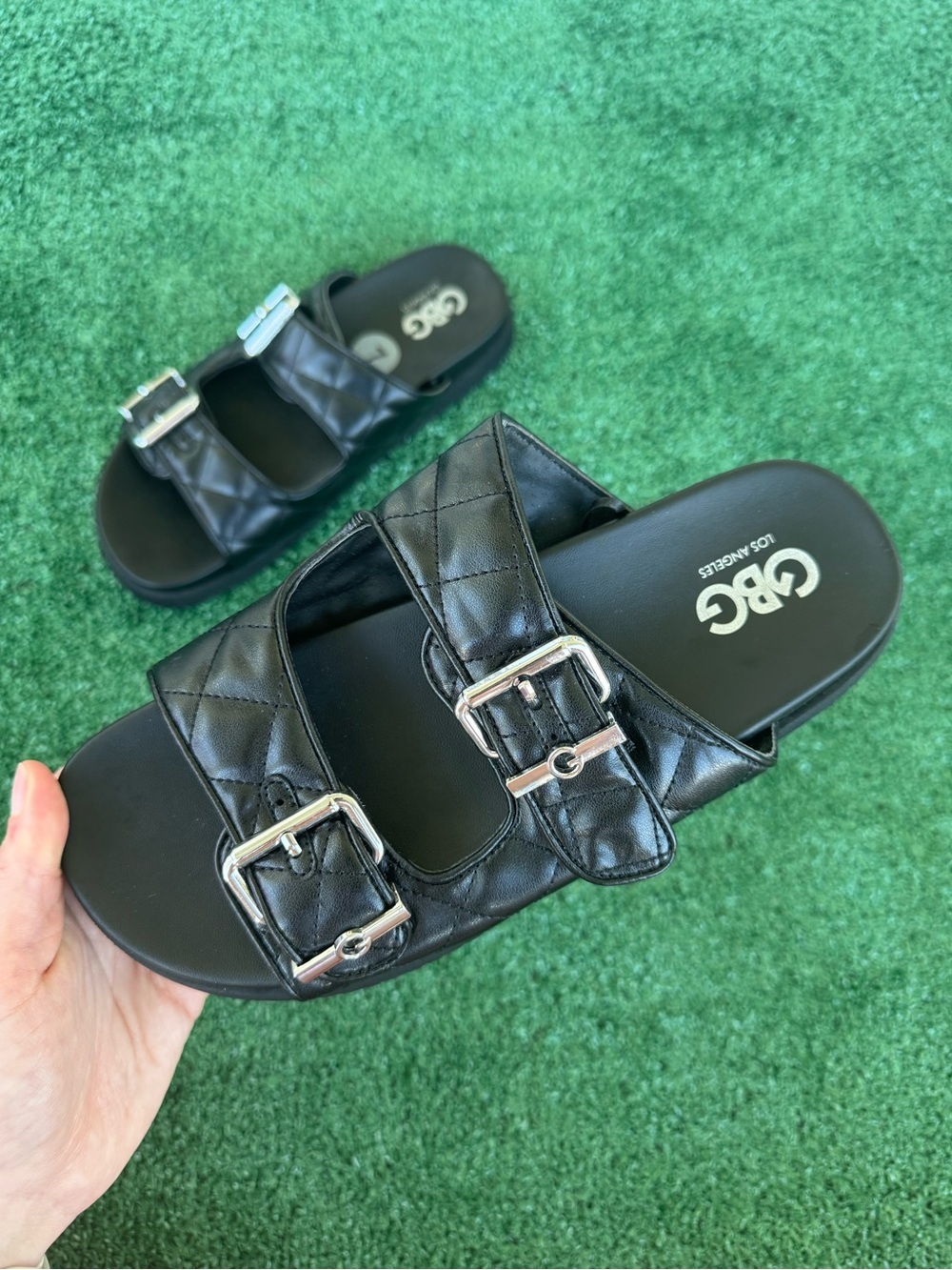 G by Guess Black Quilted Double Buckle Slide Sandals